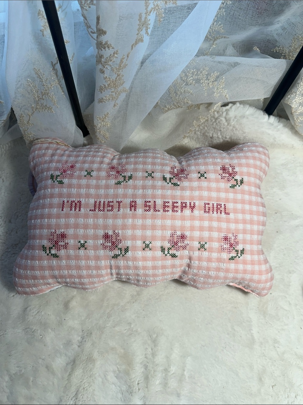 Cross stitched pink gingham decor pillow